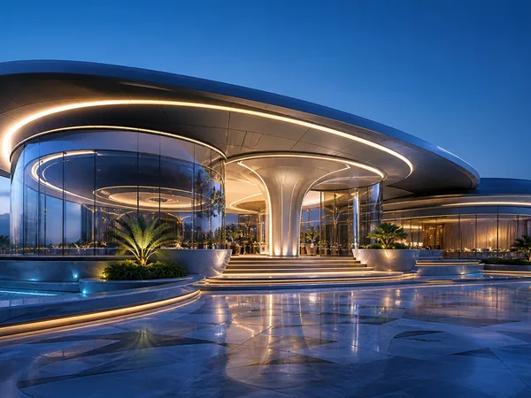 Modern building exterior with glass in blue evening