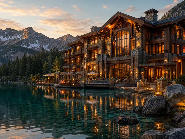 Illuminated wooden houses next to mountains and lakes