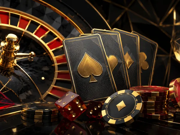 Table game environment with roulette, cards, dice and chips