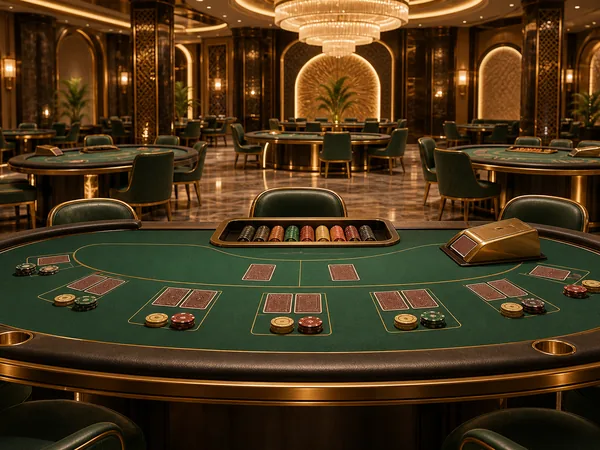 Live casino room with green tables, cards and chips