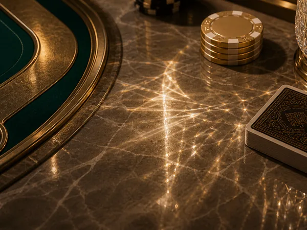 Close-up view of table game with pack of cards and chips
